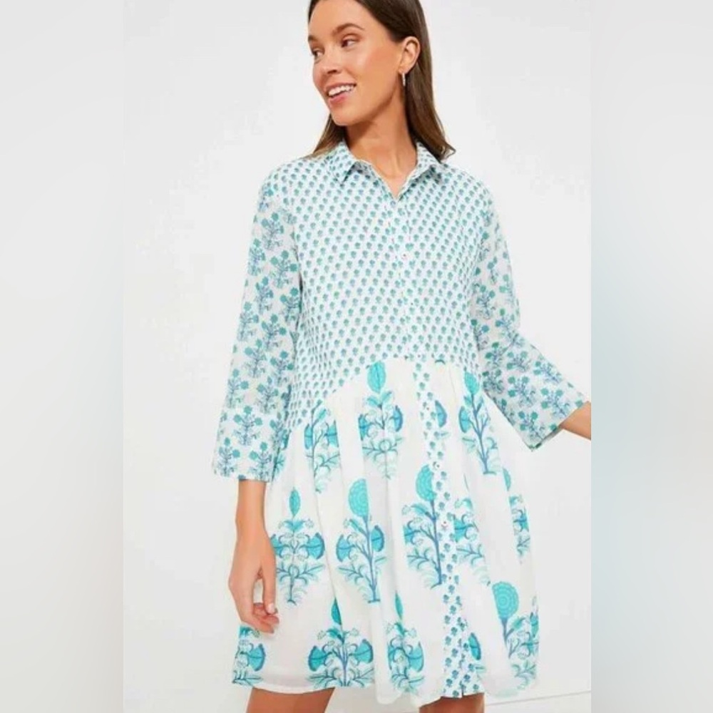 Ro’s Garden Deauville Short Dress in Turquoise Floral Print; Size XS